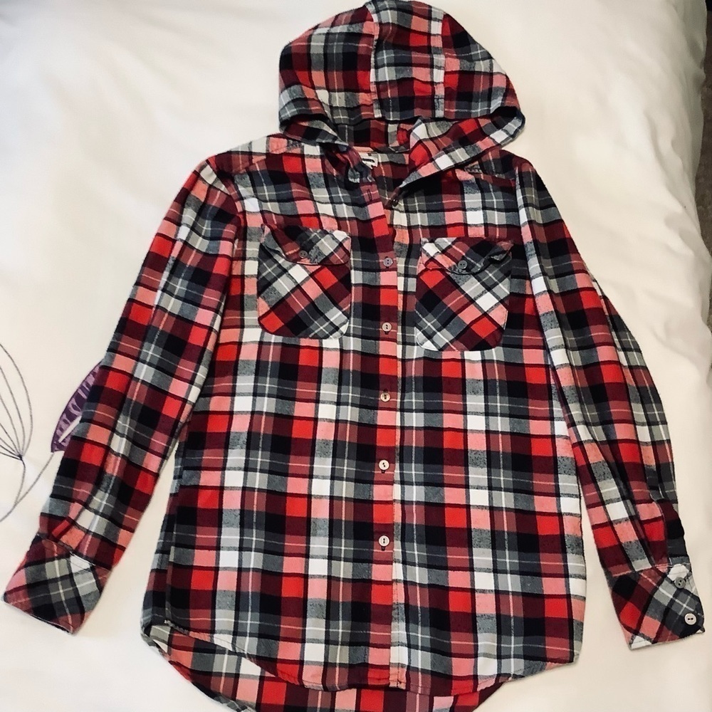 Boyfriend XS Red Plaid Hooded Flannel Shirt Kismet